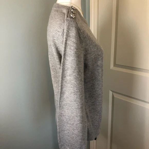 J Crew Jeweled Rhinestone Button Wool Blend Sweater. Gray. Medium - Picture 6 of 12